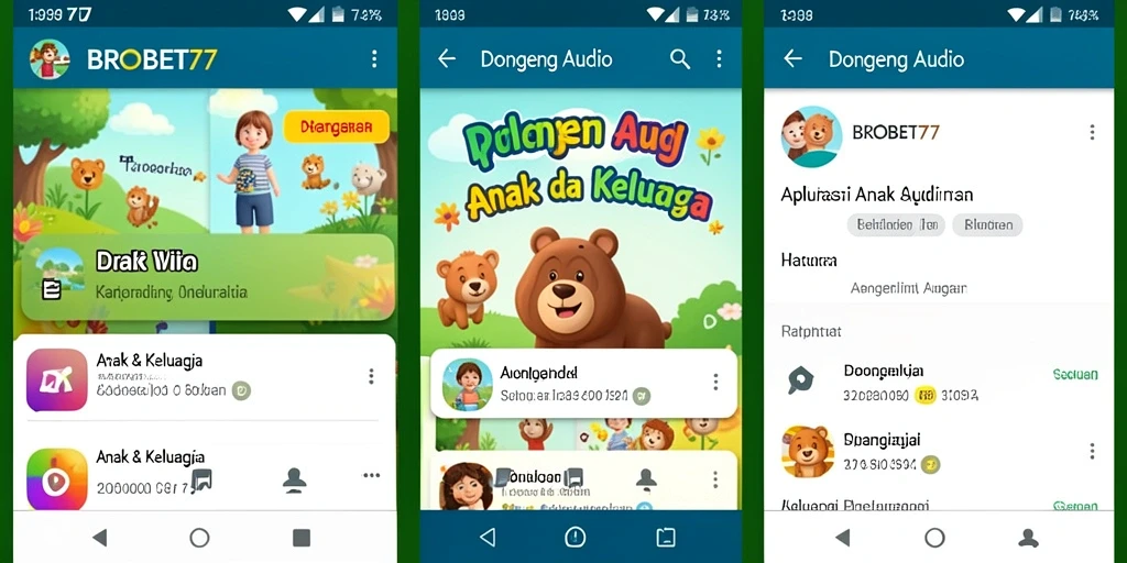 Tampilan antarmuka aplikasi BROBET77 dengan koleksi dongeng audio.