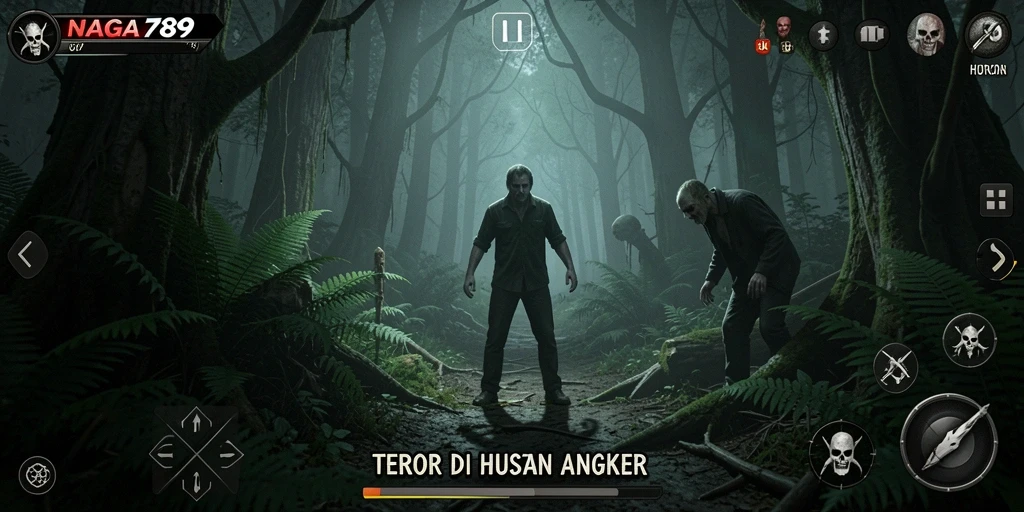 Antarmuka menegangkan NAGA789 menampilkan suasana horor hutan.